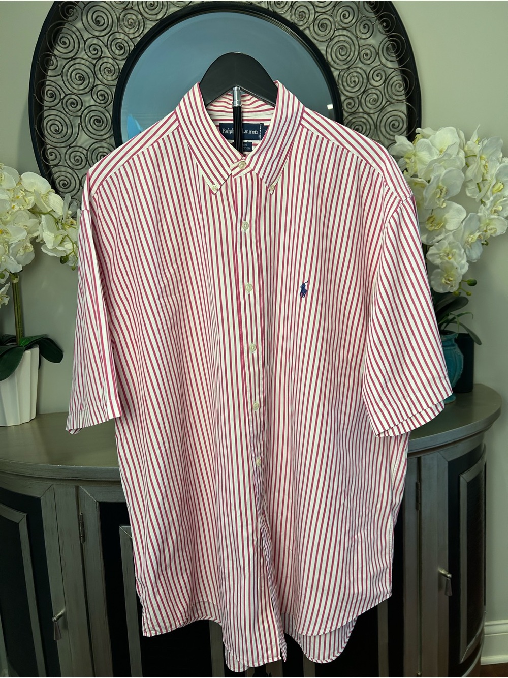 Ralph Lauren Red & White Vertical Stripe Short Sleeve Button-Down Shirt